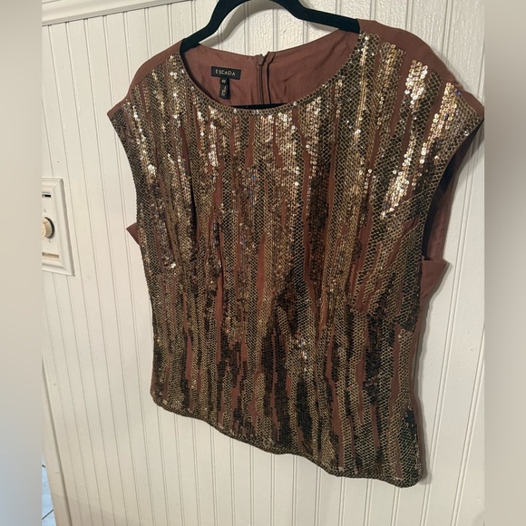 Escada Tops - Escada 100% Silk Brown and Gold Sequin Blouse
